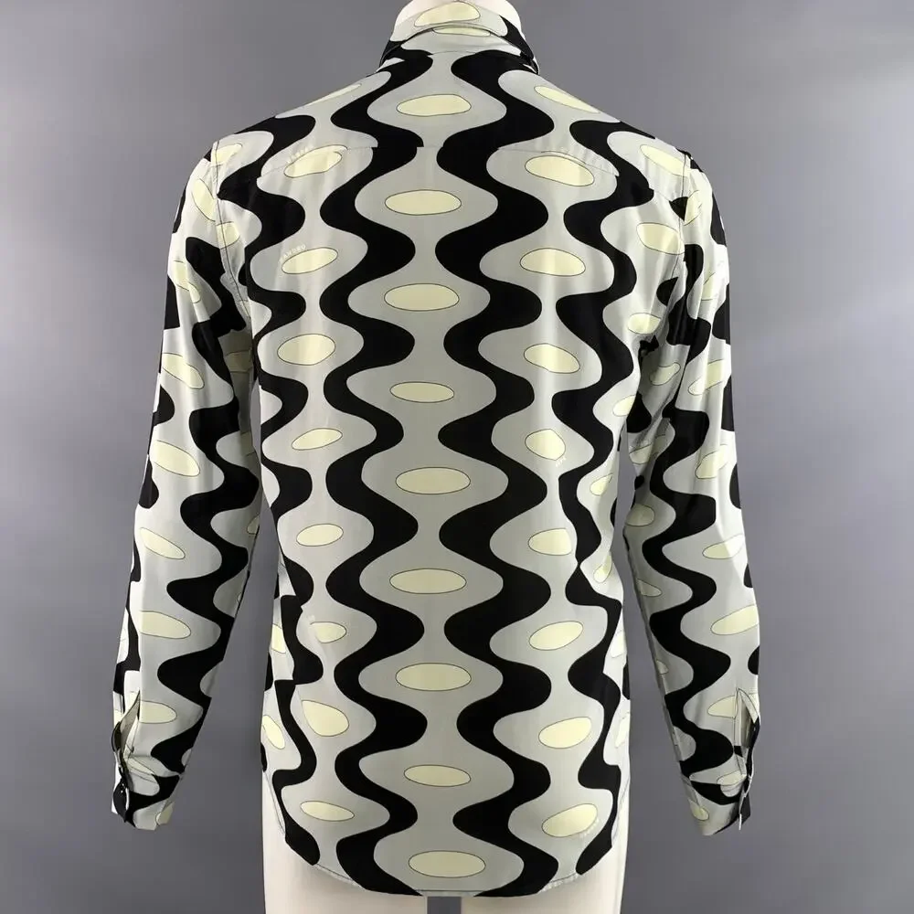 SANDRO Size M Black Light Blue Geometric Viscose Long Sleeve Shirt